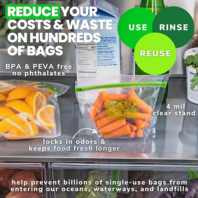 Smelly Proof 10 x Expandable Stand-Up & Fill REUSABLE Storage Bags for Food Designed & Mfg in US, NO PEVA, BPA FREE, Reusable Snack Bags, Dishwasher-Safe, Clear 3 mils STAND & FILL 6" x 4" - 10pk