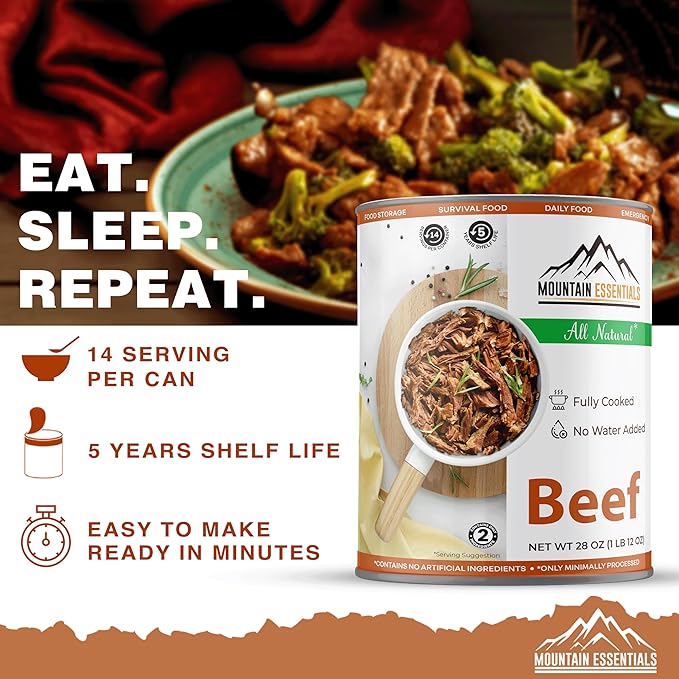 MOUNTAIN ESSENTIALS All Natural Canned Beef 28 Oz – Fully Cooked, Ready to Eat, Gluten Free – Canned Meat for Daily Use, Emergency, Survival & Camping – 5-Year Shelf Life – Made in USA – Pack of 1