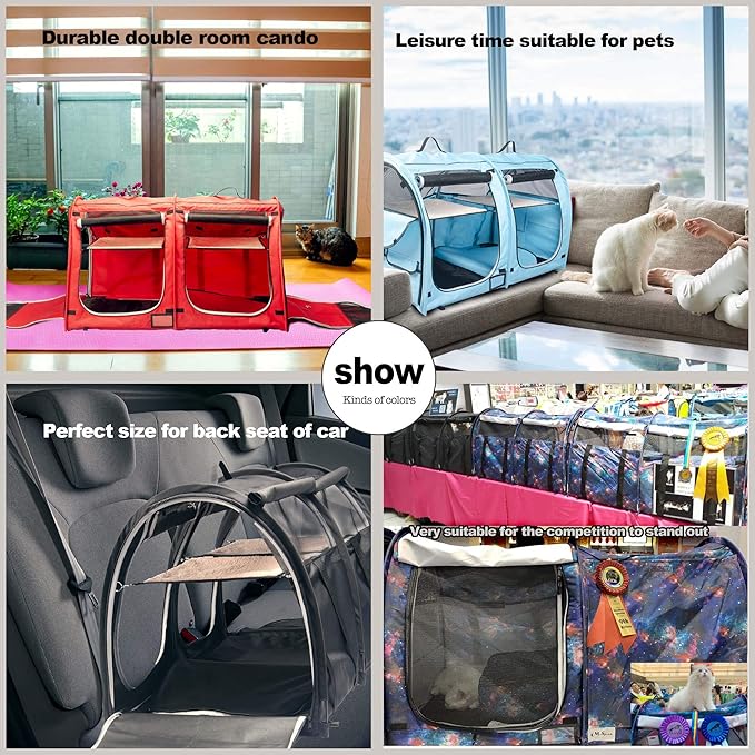Mispace Portable Twin Compartment Show House Cat Cage Condo,Comfy Puppy Home Dog Travel Crate with Carry Bag/2 Hammocks/Mats & Collapsible Litter Box