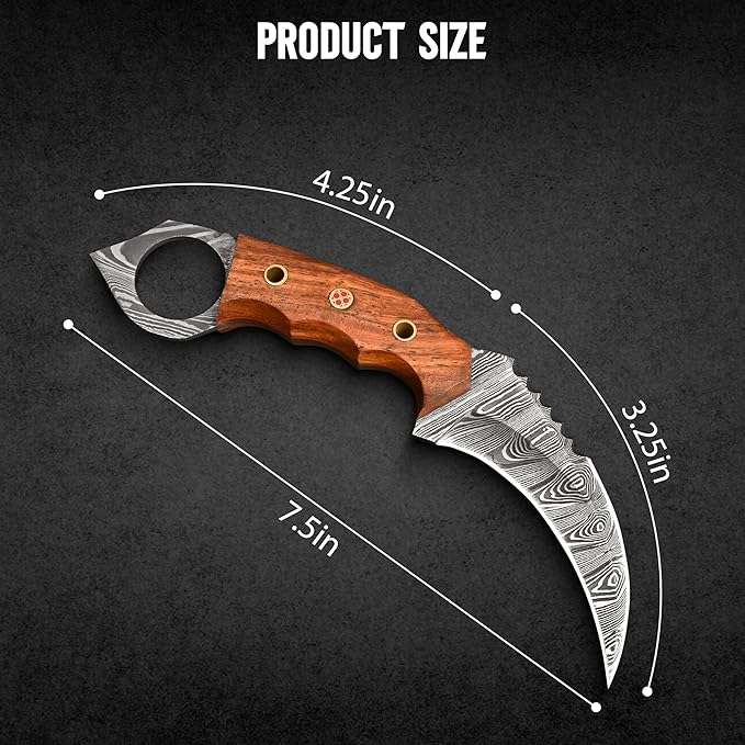 Damascus steel Handmade Knife, Survival claw Tactical teeth Knife Double edged sharp, Fixed Blade Knife With Sheath, Curved knife (Walnut Wood)