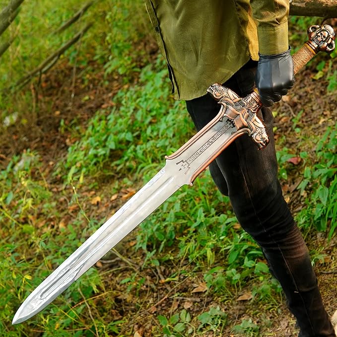 FORGE HIDE-Conan The Barbarian Sword – Real Full Tang Atlantean Swords | 1095 Carbon Steel, Bronze Fittings & Leather Sheath | Medieval Fantasy King Sword Prop | Gift for Him, Christmas, Viking Gifts