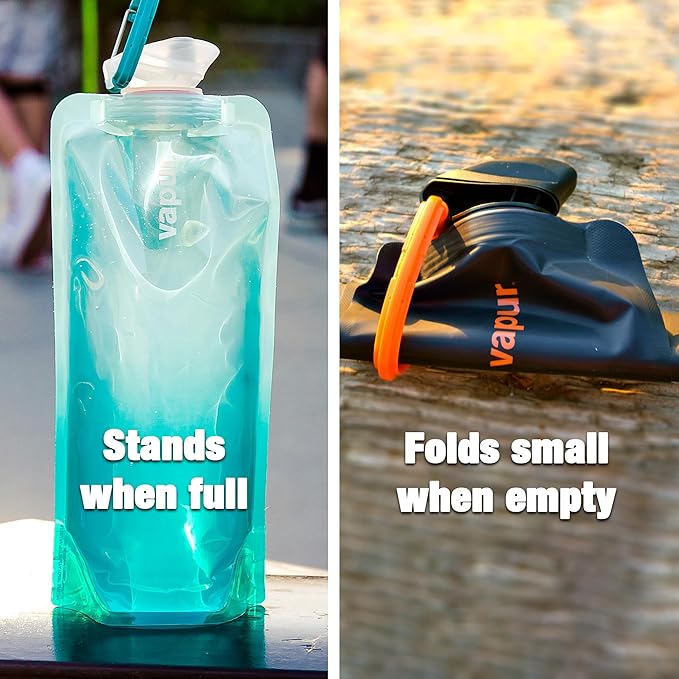 Vapur Collapsible Water Bottle With Carabiner, Compact Bottle Folds Flat For Hydration On The Go, Ideal for Traveling, Hiking or Camping, 23 Ounce, Night Blue, Pack of 2