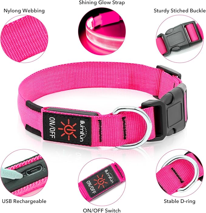 Illumifun Rechargeable LED Dog Collar, Waterproof Light Up Dog Collars Glow in The Dark, Adjustable Safety Collar Light for Dogs Walking Camping (Pink, Medium)