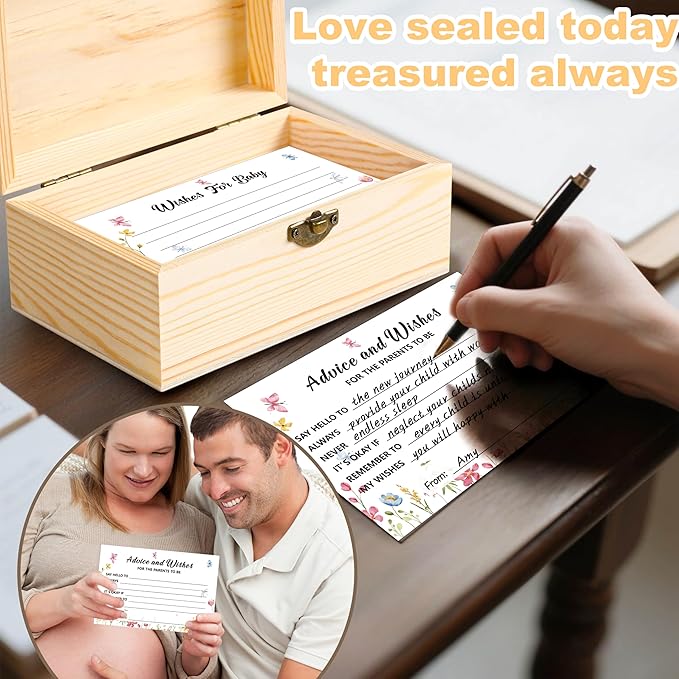 Advice and Wishes Cards Box - 50 Pcs Advice Card Wildflower Baby Shower Decorations, Double Sided Advices and Well Wishes Box For Parents To Be, New Mommy Baby Shower Games