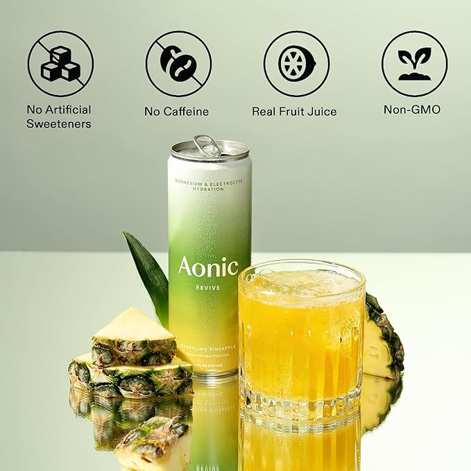Aonic Revive Sparkling Pineapple ??Magnesium + Potassium Electrolyte Hydration Drink, Delicious Taste, Real Fruit Juice, 12oz (12 Pack)