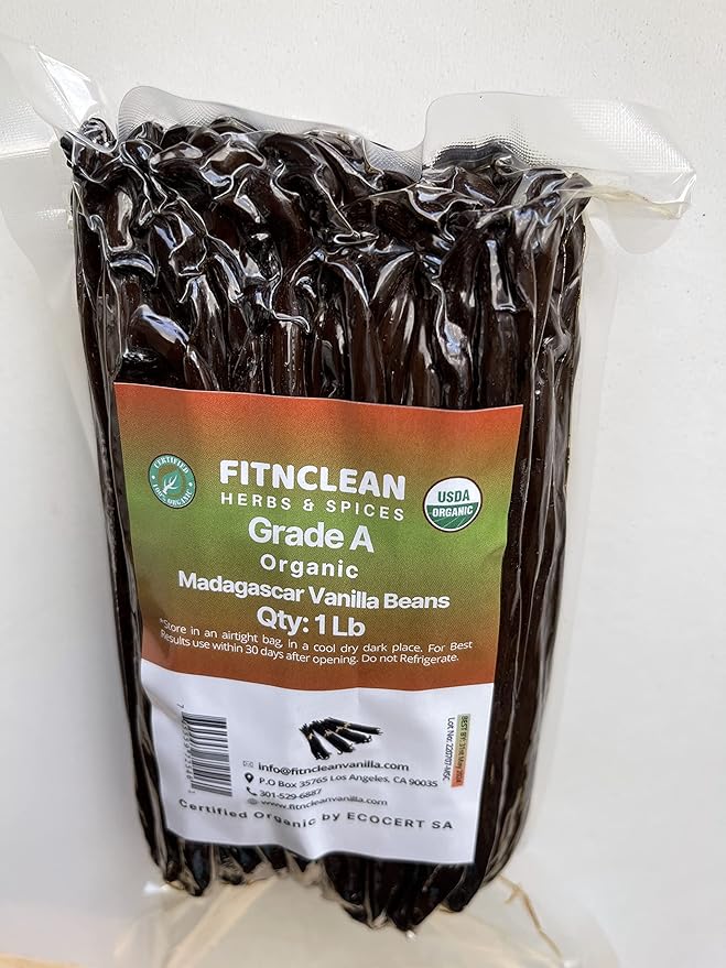1Lb Organic Madagascar Vanilla Beans Grade A. Certified USDA Organic. 7"-8" by FITNCLEAN VANILLA for Chefs, Cooking, Extract. 16oz Bourbon Fresh NON-GMO Whole Gourmet Pods