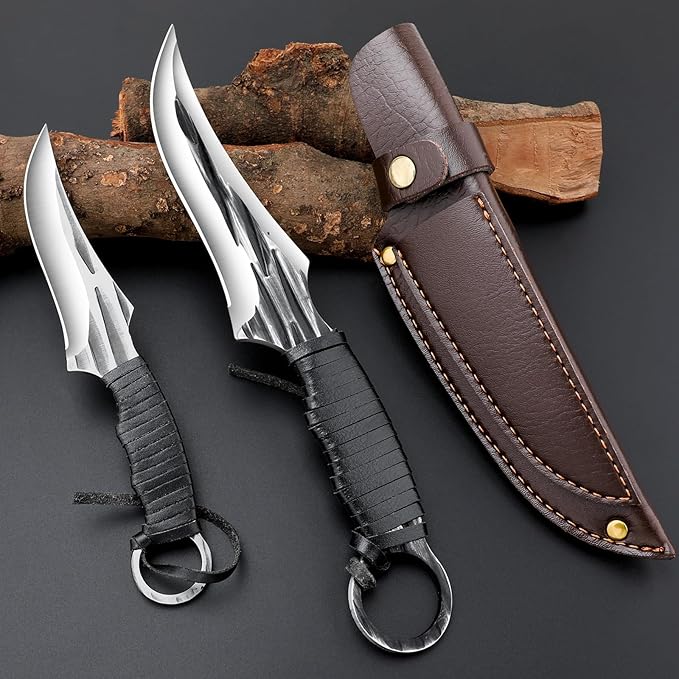 2 Piece Full Tang Handle Survival Tactical Knife Set with Sheath for Outdoor Camping Fishing,Fixed Blade Hunting Knife Survival Great gift for Men