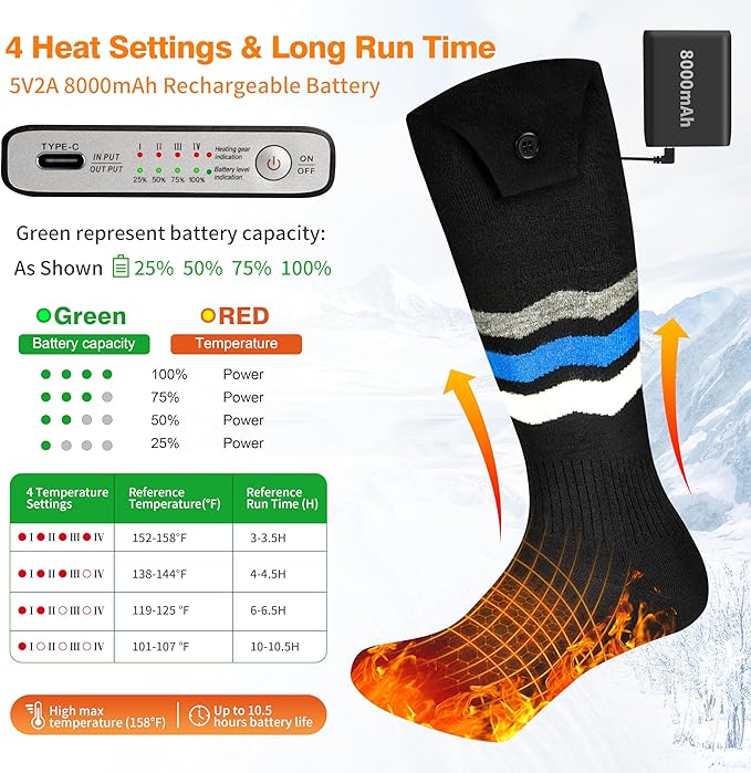 Heated Socks, Heated Socks for Men Women with APP Control, 8000mAh Rechargeable Electric Up to 10 Hours Washable Winter Warm Socks Foot Warmer for Skiing Cycling Camping