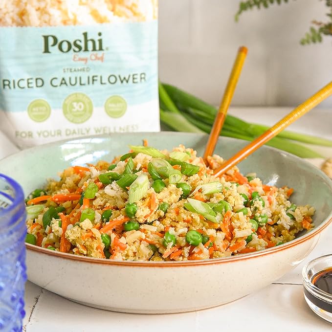 POSHI Riced Cauliflower | All Natural, Fully Cooked, Ready to Eat, Non-GMO, Low Calorie + Carb, Gluten Free, Vegetable Rice, Meals, On The Go, Plant-Based, Healthy, Veggies (7oz, 6 Pack)