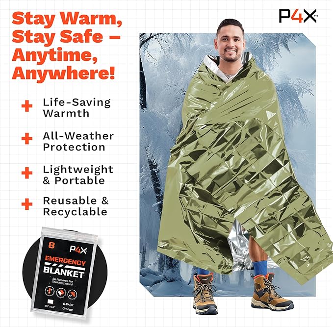 PREPARED4X Mylar Blankets 8 Pack - Waterproof Emergency Blanket - Rip and Tear Resistant Survivalist Gear - Emergency Thermal Blanket for Outdoor Survival