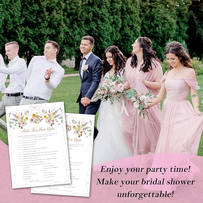 Match These Movie Quotes Bridal Shower Games, Wildflowers Pink Bow Games Card for Wedding Reception, Bridal Shower, Engagement, Bachelorette Party Activity Decorations (25 Pack) -A03