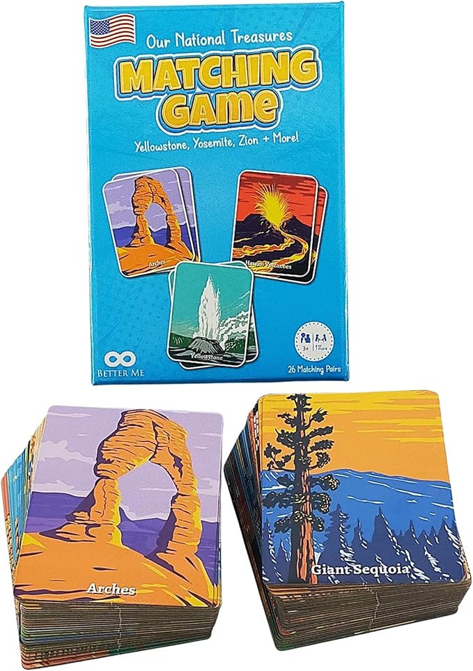 Better Me Our National Treasures Matching Game for Ages 3 & Up A Fun & Fast USA National Parks Memory Game for Kids. Yosemite, Yellowstone, Arches, Denali and More