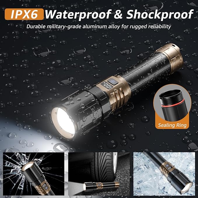 Rechargeable Flashlights High Lumens, Super Bright LED Powerful Tactical Flashlight, High Powered Flashlight, 5 Modes Zoomable Waterproof Handhel Flash Lights for Emergency Home Camping Hiking Outdoor