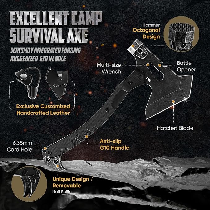 Tactical Axe with G10 Handle Camping Survival Hatchet, Multifunctional Outdoor Hiking Heavy Duty Full Tang Tomahawk Tools with Hammer, Unique Design Crowbar, Leather Sheath (Black)