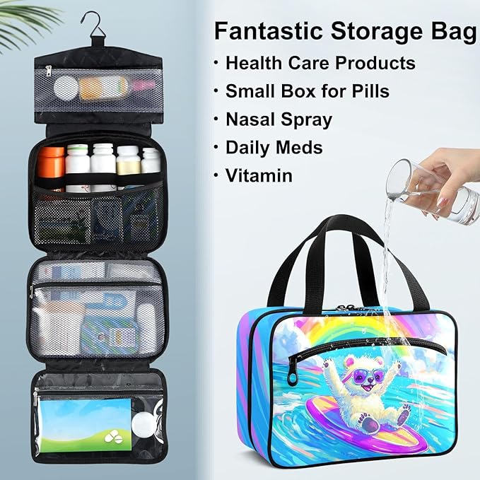Fustylead Happy Bear Floating on Surfboard Travel Medicine Storage Bag Large Household Pill Bottle Organizer with Zipper for First Aid, Pills, Vitamins, Medical Supplies