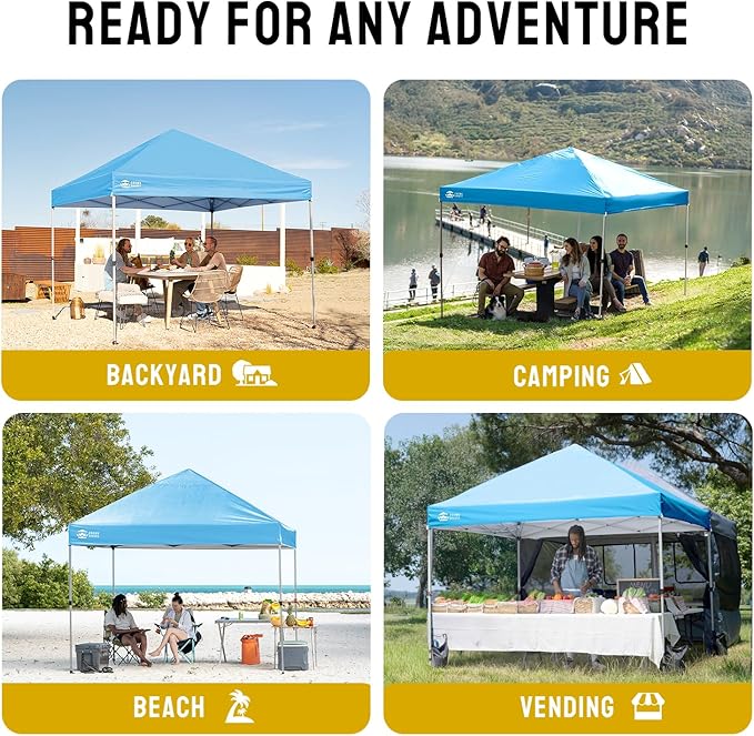 CROWN SHADES 8x8 Pop Up Canopy, Patented Center Lock One Push Instant Popup Outdoor Canopy Tent, Newly Designed Storage Bag, 8 Stakes, 4 Ropes, Silver-Coated Sky Blue