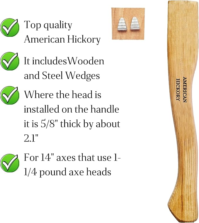 1 pack American Hickory Axe handle replacement for 14" axes that use 1-1/4 pound heads Complete Set with Wooden and Steel Wedges - Hatchet handle replacement - hickory hatchet handle replacement axe