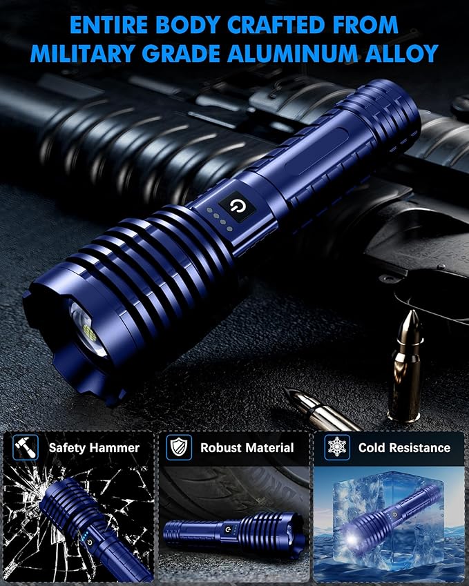 Super Bright Rechargeable LED Flashlights, 5000.000 True High Lumens, Powerful Tactical Flashlight Up to 25H Long Battery Life |Zoomable|5Light Modes|IP67 Water Resistant for Camping (Blue)