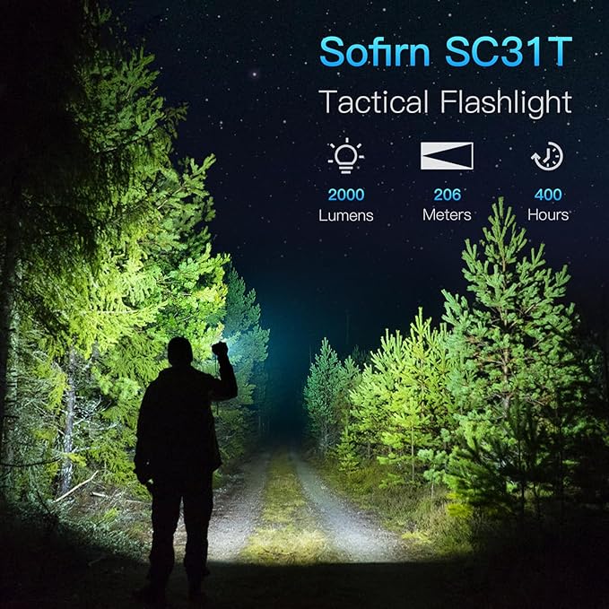 Tactical Flashlight Sofirn SC31T with Holster and Diffuser, Rechargeable Powerful Flashlights for Emergencies, Pocket EDC Flashlights, 2000 HIgh Lumens, LED Bright Flashlight for Home, Battery Powered
