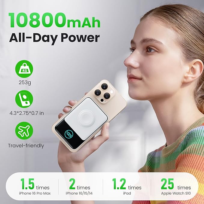 Magnetic Portable Charger for iPhone, 3-in-1 10800mAh Qi2 15W Wireless Power Bank with iWatch Charger,30W PD Fast Charging USB-C LCD Display Battery Pack for Magsafe,iPhone 17/16/15/14/13, Apple Watch