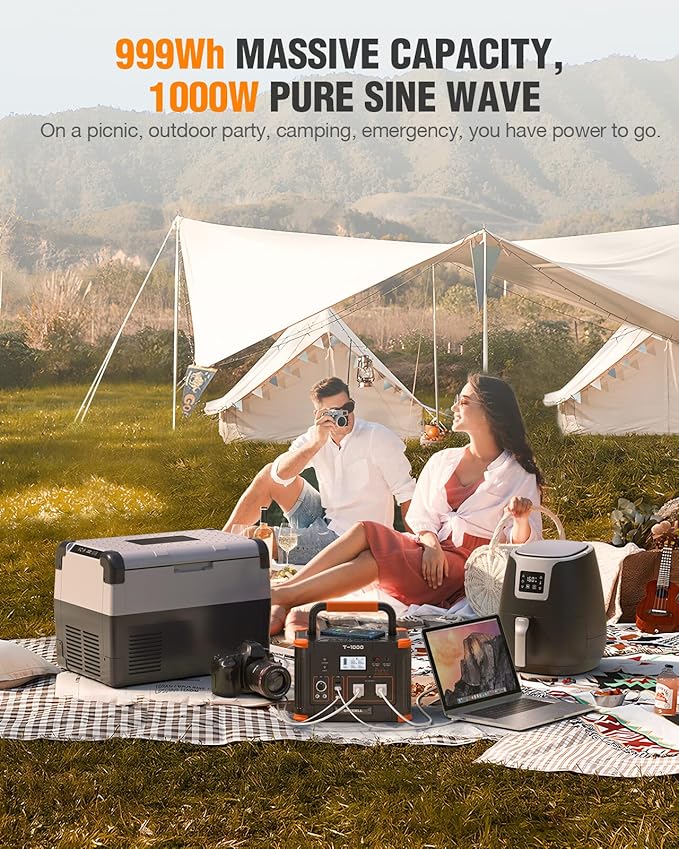 Portable Power Station 1000W (Peak 2000W), GRECELL 999Wh Solar Generator with 60W USB-C PD Output, 110V Pure Sine Wave AC Outlet Backup Lithium Battery for Outdoors Camping Travel Hunting Home