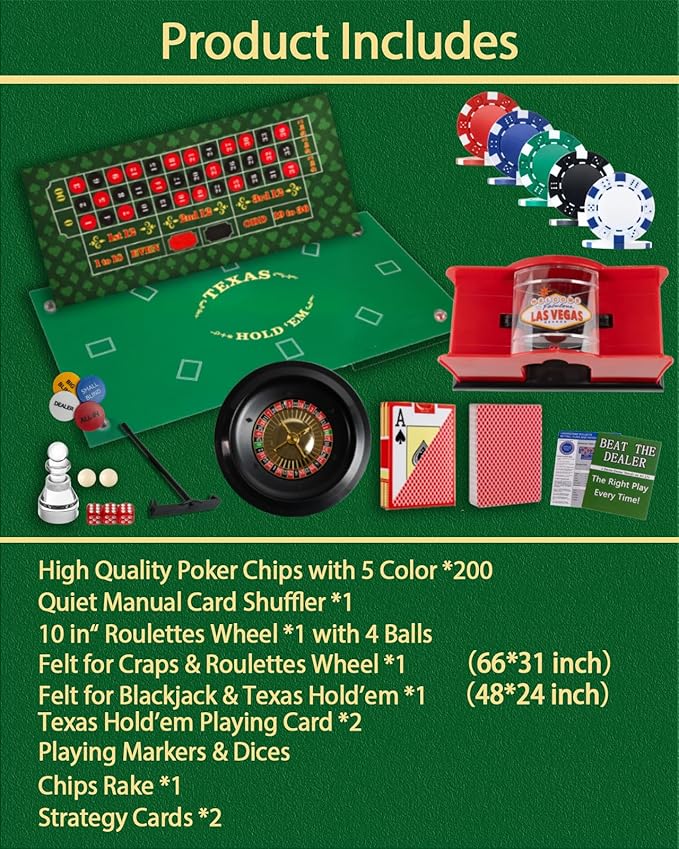 5 in 1 Casino Game Complete Set: 200 Pro Poker Chips+Silent Card Shuffler, Blackjack+Roulette Wheel+Craps+Texas Holdem+Poker Kit,Table Game Mat+Playing Card+Dice+Casino Accessory