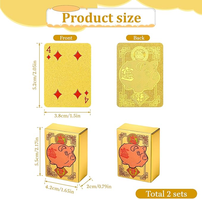 2 Decks Mini Playing Cards, Mini Poker Deck Gold Waterproof Playing Cards for Parties and Games, Tiny Deck of Novelty Party Gift, Party Favor for Christmas, Halloween, New Year, Par(Golden Pig Style)