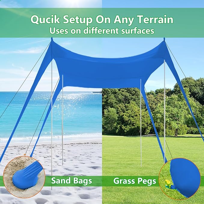 Beach Tent, Beach Canopy UPF50+, Beach Shade 11x11 FT with Sandbags, Beach Tent Sun Shelter for Beach Camping Trips, Fishing, Backyard Fun or Picnics