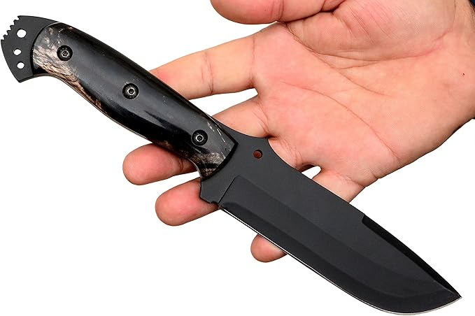 Ottoza Fixed Blade Hunting Knife with Leather Sheath and Horizontal Carry - Full Tang Outdoor Survival and Camping Knife for Men - Cow Horn Handle 338