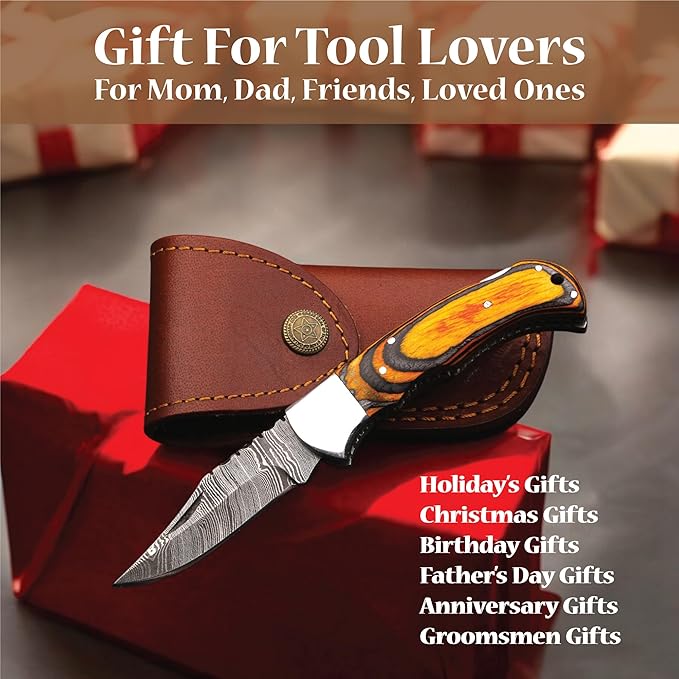 6.5 inch Damascus Pocket Knife with Sheath, Handmade Folding Pocket Knife for Men, Black-Red Wooden Handle with Brass Bolster, Secure Lock Back Camping Knife for EDC,Hunting,Hiking (Yellow)