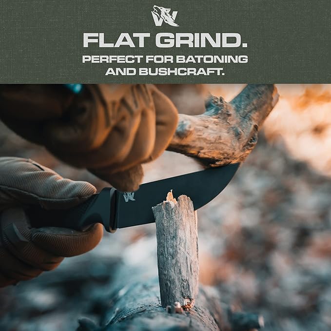 W-FLAT Full Tang Survival Knife with Sheath - Stylish Tactical Fixed Blade - Made of D2 Steel - Bushcraft and Camping Knife Survival - Perfect EDC Hunting Knife with TPE Handle