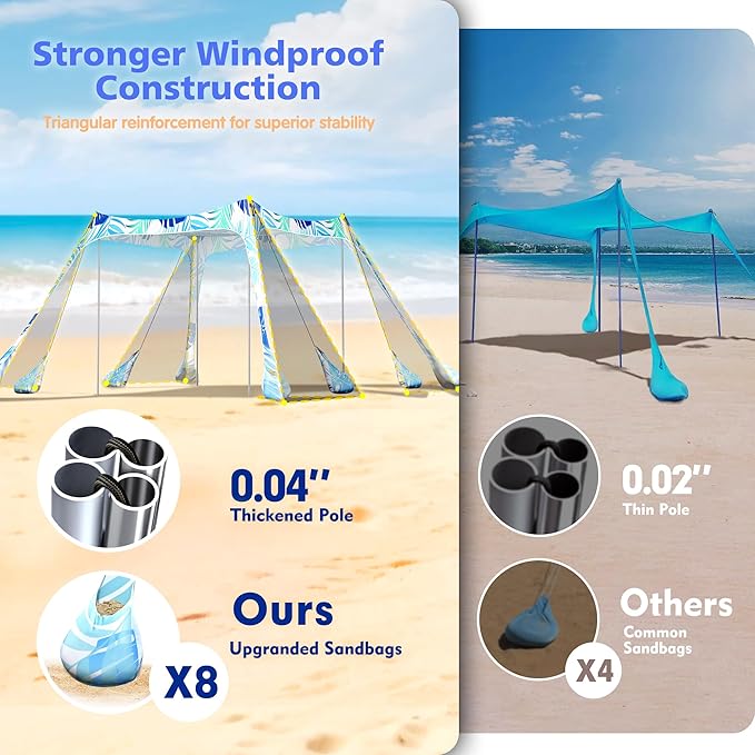 2PM SPORTS Beach Tent Canopy with UPF50+ UV Protection, Outdoor Large Beach Sun Shade Shelter for Family Picnic Camping Travel Shore Fishing, 8 Sandbags, Sand Shovel (Leaf, 8x8 FT)
