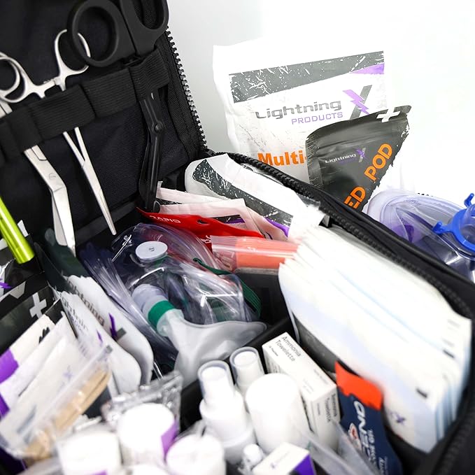 Lightning X MB30-SKC Large EMT Trauma Kit | Fully Stocked First Responder Bag w/ 240+ Supplies | EMS Fire Police Office Sports Team Emergency Medical Kit - Black