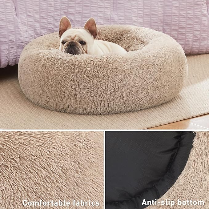 Love's cabin Calming Dog & Cat Bed, Cat Bed for Indoor Cats, Anti-Anxiety Donut Round Bed, Fluffy Warming Pet Bed for Small Medium Dogs and Cats, Beige Taupe 20"/24"