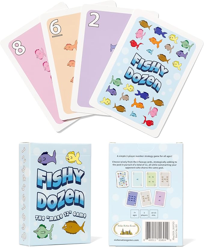 Fishy Dozen "Make 12 Game" - 2 Player Addition Practice Game for 1st, 2nd, 3rd, 4th Grade Ages 7+ - Builds Confidence With Numbers and Improves Strategic Thinking - Math Card Game For Kids and Adults