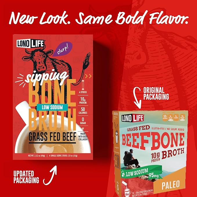 LonoLife Low Sodium Beef Bone Broth Powder Mix | Grass-Fed, 10g Protein | Collagen-Rich, Keto & Paleo Friendly | Natural Ingredients | 4 Portable Stick Pack Servings