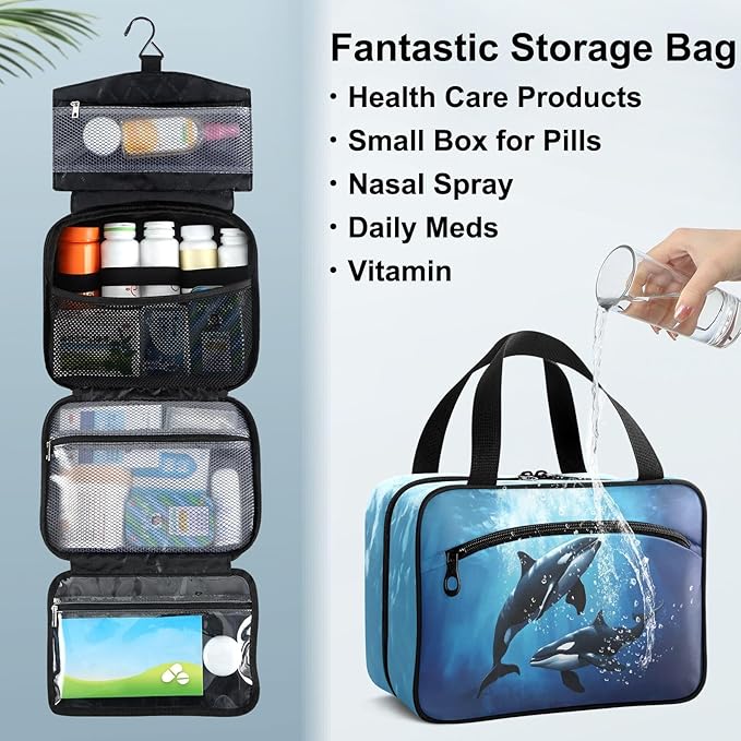 Fustylead Cute Whales Playing Underwater Pill Organizer Bag Large Medicine Travel Carrying Case with Zipper for Vitamin Supplements Fish Oil, Empty First Aid Kit for Hiking Camping