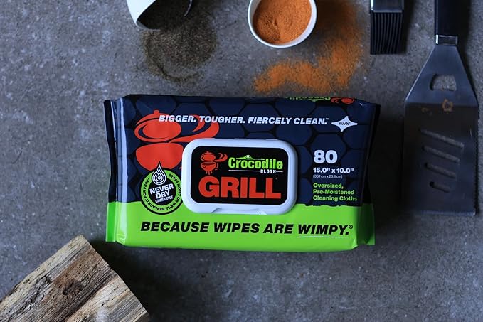 Crocodile Cloth Grill Wipes, 640 Count (8 Packs) ??Extra-Large 15??x 10??Plant-Based Cleaning Cloths, Safe on Skin & Surfaces, Pre-Moistened with Aloe & Vitamin E