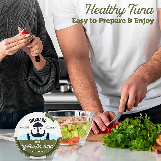 ONBOARD Premium Yellowfin Tuna in Olive Oil - 12 Pack Solid Light 5 Oz Cans Sustainably Wild Caught Canned Tuna, Non GMO, Gluten Free, Tinned Fish 24g Protein - Ingredient Rich Fish for Salad and Recipes
