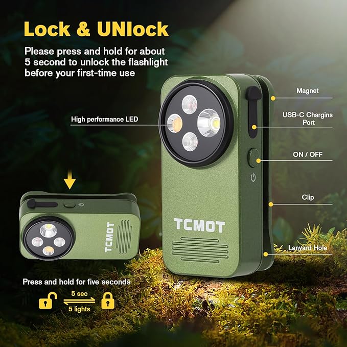 EDC Flashlight Clip-on Light, Rechargeable 600 Lumens with Type-C, IPX6 Waterproof, Portable Mini Magnetic Keychain Flash Lights for Signaling, Cycling, Outdoor or Emergency, Green