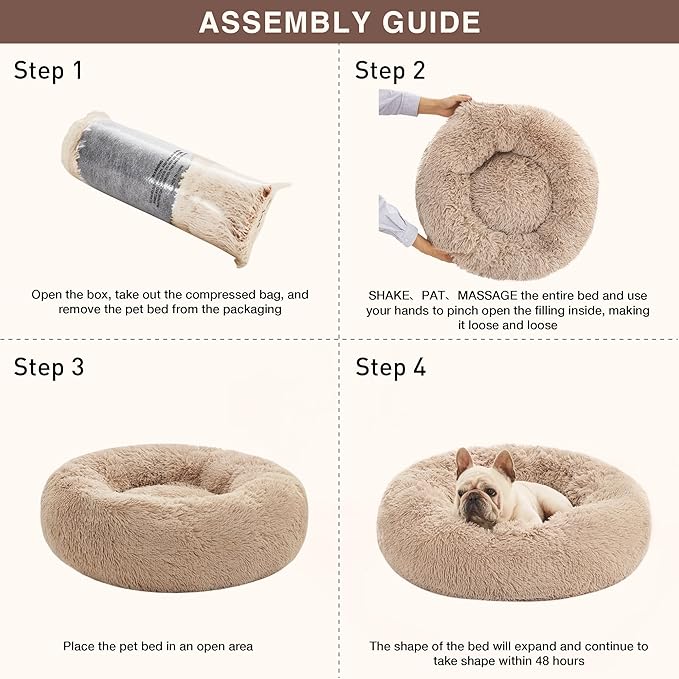 Love's cabin Calming Dog & Cat Bed, Cat Bed for Indoor Cats, Anti-Anxiety Donut Round Bed, Fluffy Warming Pet Bed for Small Medium Dogs and Cats, Beige Taupe 20"/24"