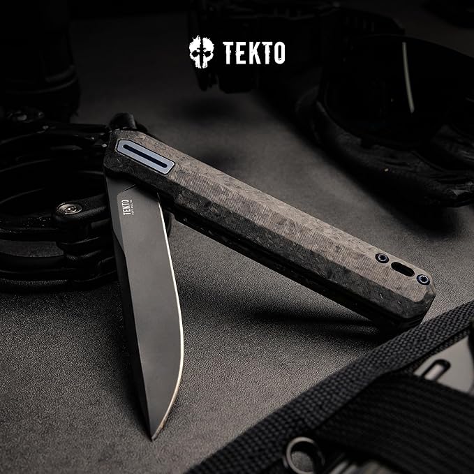 F2 Bravo Folding Pocket Knife - D2 Steel Blade, Ceramic Ball Bearings - EDC - Snap, Swift Flip for Camping, Backpacking - 2.4oz (68g), G10 Forged Carbon Handle, Blue Titanium Accents