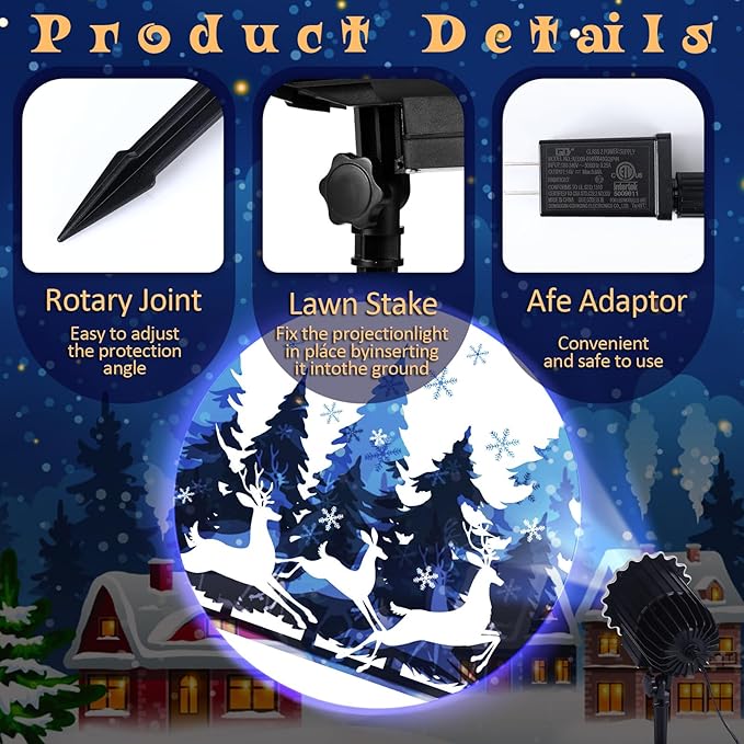 Vintage Christmas Projector Light with 1 Film Slides Holiday LED Deer Tree Projector Lights Outdoor Reflectors Waterproof Landscape Decorative Rotation Lighting Movement Projection Lamp