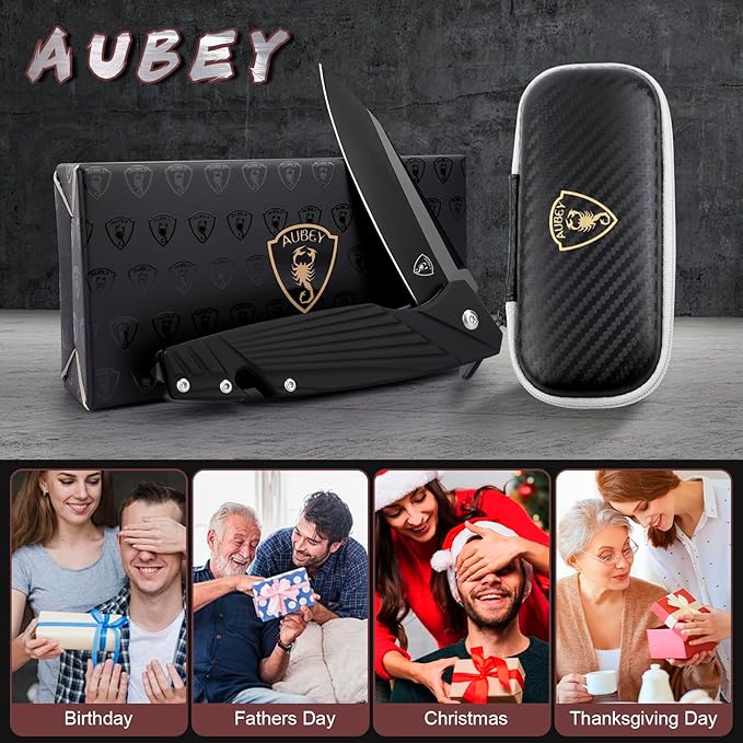 AUBEY Pocket Knife, 8Cr14Mov Steel Blade 3.54", 3-in-1 Folding Knife for Men, Tactical Multitool Knife with Glass Breaker Seat Belt Cutter for EDC Outdoor Survival Camping Hiking (Aluminum Handle)