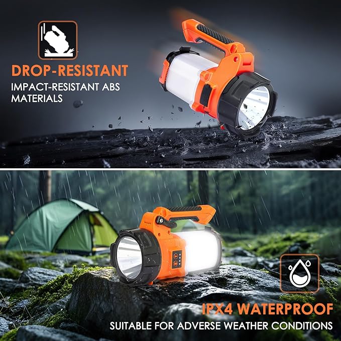 Tripod Rechargeable Camping Lantern, 6 Modes LED Flashlight Handheld Spotlight with 4000LM, 4400mAh Power Bank, IPX4 Waterproof Searchlight Work Light for Emergency Hiking Survival Kit - Orange