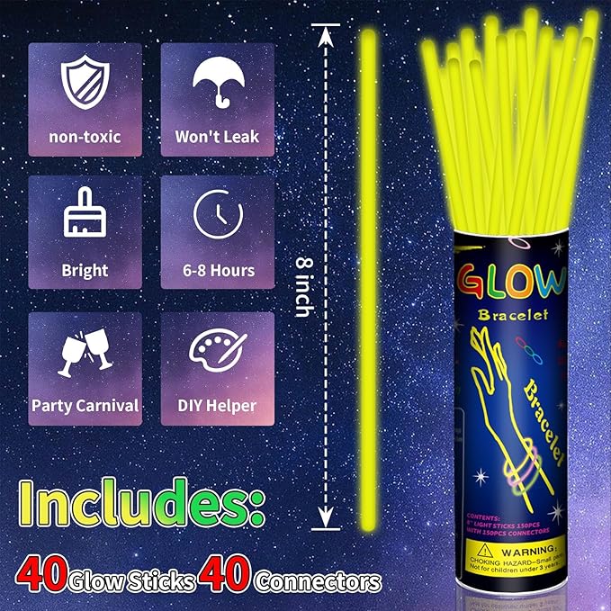 40 Pack 8??Yellow Glow Sticks Bracelet Necklaces Bulk with 40 Connectors Neon Glow In The Dark Party favors Supplies for Holiday Birthday Party Decoration (Yellow)