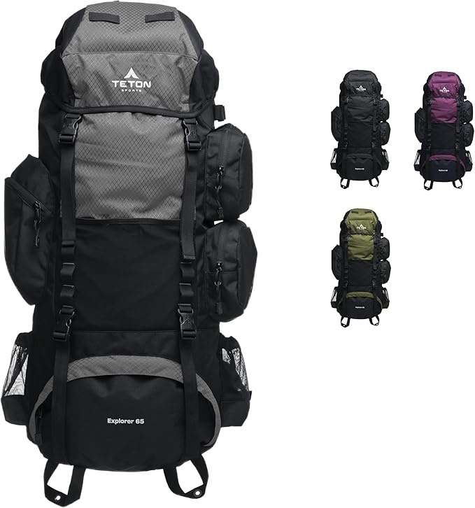 Teton 65L Explorer Internal Frame Backpack for Hiking, Camping, Backpacking, Rain Cover Included, Graphite