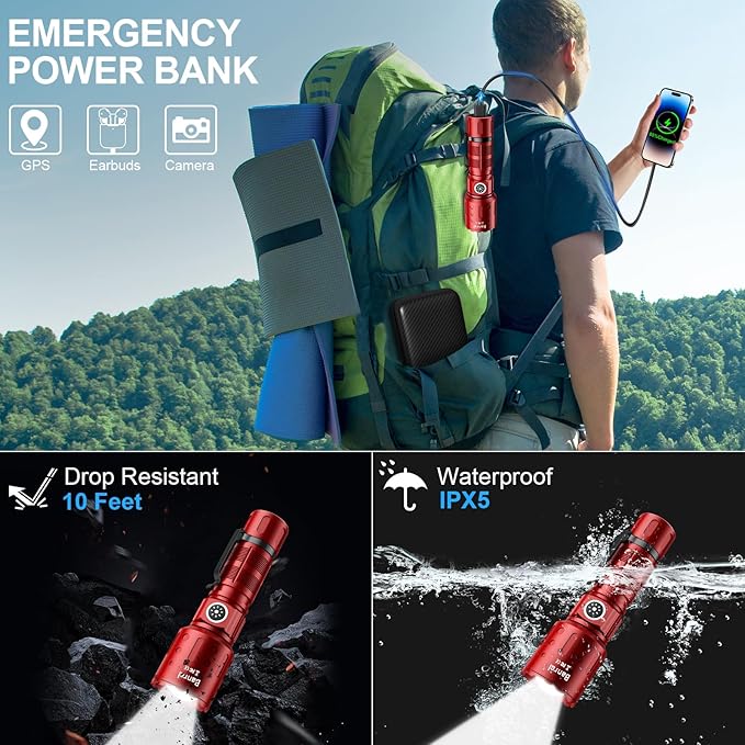 Flashlights High Lumens Rechargeable, Super Bright Long Range Small Powerful Flashlight, 6 Modes LED Tactical Pocket Waterproof Flash Light for Home Emergency (1, Red)