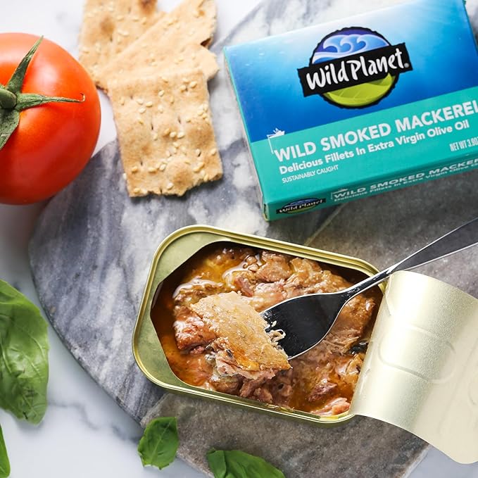 Wild Planet Wild Smoked Mackerel Fillets in Extra Virgin Olive Oil, Tinned Fish, Canned Salmon, Sustainably Wild-Caught, Non-GMO, Keto and Paleo, 3.9 oz, pack of 12