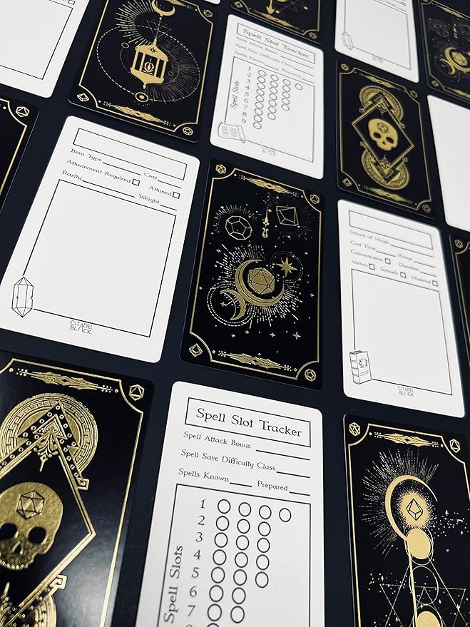 Citadel Black Tabletop RPG Accessory Card Set of 50 Cards ??D&D, Gold Foil - Spell Slot Tracker, Item, Spell, Blank Note Cards, for Dungeons and Dragons 5th Edition & Other Tabletop Games